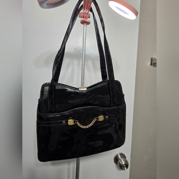 Black Patent Leather Handbag with Gold Chain Detail – Chic and Versatile - Picture 1 of 9
